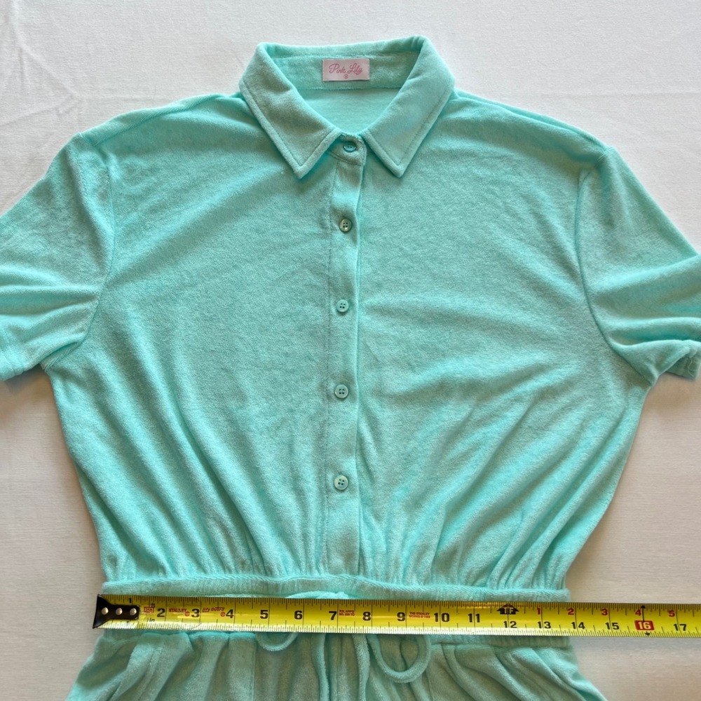 Pink Lily Mint Green Terry Cloth Button Front Romper Swim Coverup Size M - Picture 5 of 7
